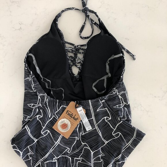 Far West V Neck Abstract Leaf Print Nylon One Piece Swimsuit Blk + Wht Sz S NWT - Picture 7 of 14
